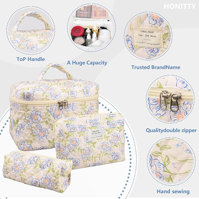 Makeup Bag,Quilted Cosmetic Bags,Large Floral Make Up Organize bag,Makeup Bag Set for Women,Flower Travel Toiletry Bag
