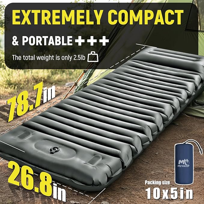 Inflatable Camping Sleeping Pad with Pillow, 5" Extra-Thick Ultralight Inflatable Sleeping Mat with Built-in Pump, Camping Air Mattress Compact for Backpacking Hiking Trap Traveling (Grey)