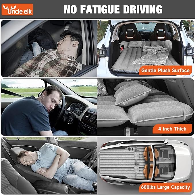 SUV Air Mattress: Inflatable Car Air Mattress for Camping, Flocking Car Bed with Air Pump & 2 Pillows, Portable Sleeping Pad Mattress for Home Car Travel Camping Grey