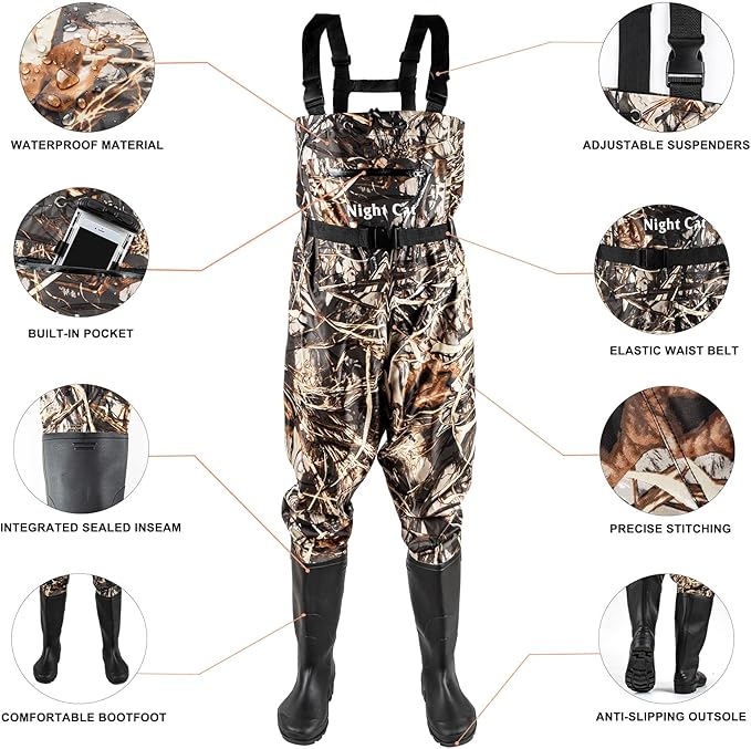 Night Cat Fishing Waders for Men Women Waterproof Hunting Chest Wader with Bootfoot Belt Breathable Lightweight Size 6 to 14