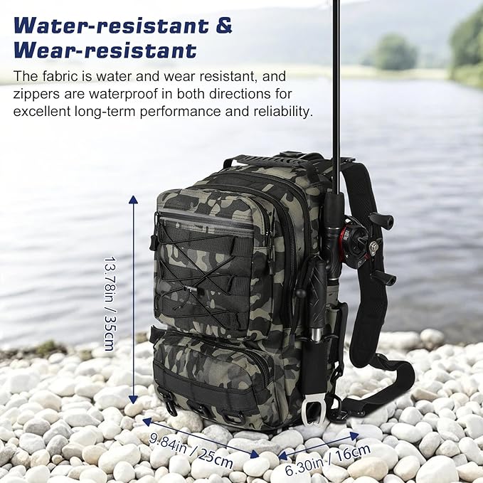 MoKo Fishing Backpack Sling Bag with Rod & Gear Holder, Nylon Waterproof Fishing Tackle Storage Bag for Fishing
