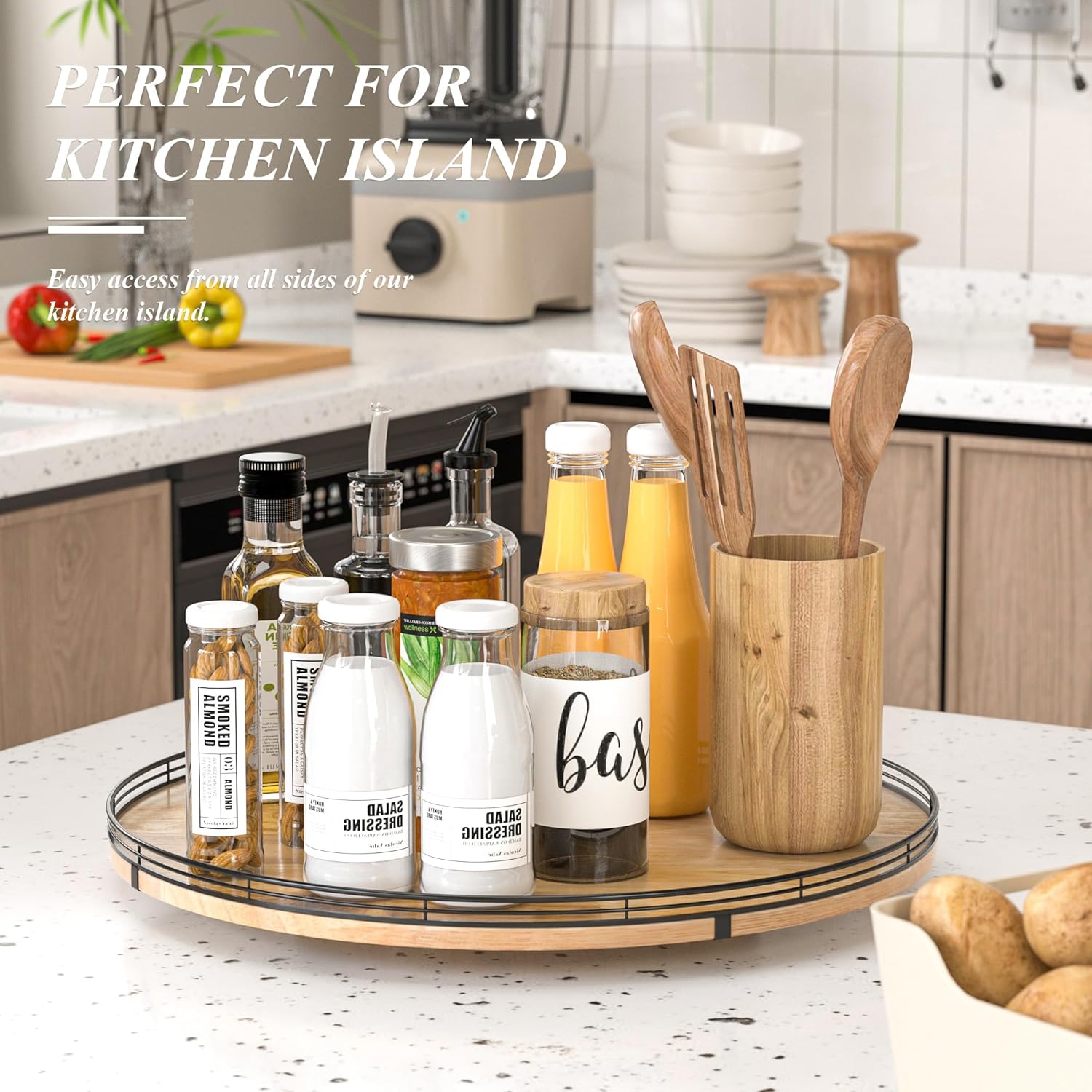 21" Lazy Susan Oak Wood Turntable Organizer for Cabinet, Farmhouse Round Wooden Large Lazy Susan Organization and Storage for Dining Table, Pantry, Kitchen, Countertop, Cupboard, Home Decor