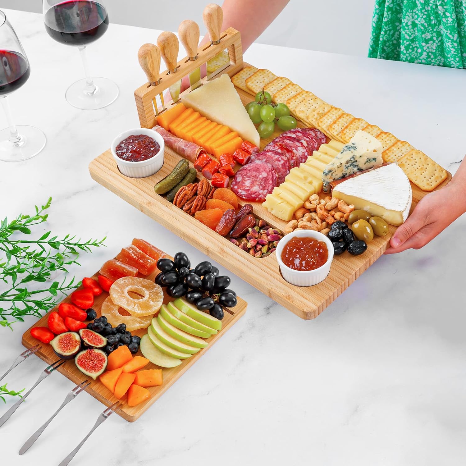 Zulay Kitchen Premium Bamboo Cheese Board Set - Extra Thick Bamboo Charcuterie Board Set with 4 Piece Knife Set - Wooden Cheese Board is Perfect for Charcuterie, Wine and Cheese (Platter Set)