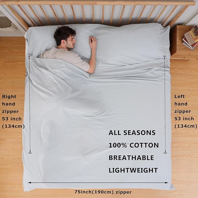 100% Cotton Sleeping Bag Liner with Full Length Zipper on 3 Sides; Single/Double Adult Sleep Sack for Travel & Camping, Multifunctional Travel Sheets (Unzipped 87”x87”) for Hotel, Lightweight