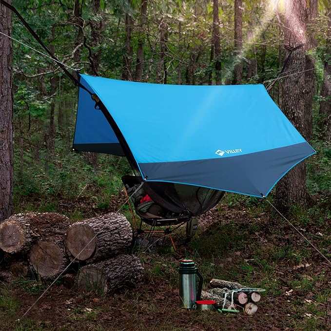 VILLEY Camping Tarps for Tents, Portable Waterproof Hammock Rain Fly, Easy Set Up Camping Shelter Sunshade Canopy for Outdoor Fishing, Backpacking, Hiking, Survival Gear- Heptagonal, Blue