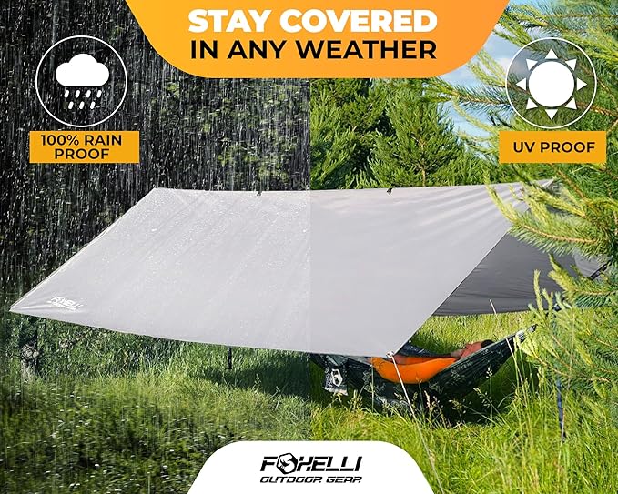 Foxelli Camping Tarp - 12x10ft Waterproof Rain Tarp, Lightweight Backpacking Rainfly Shelter with Included Extra Long Guy Lines & Stakes