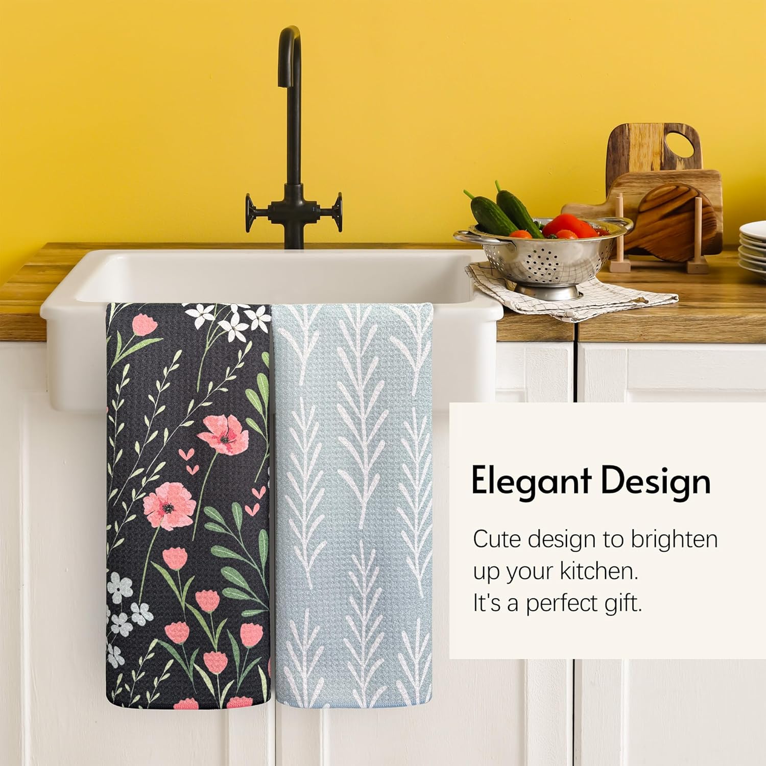 Kitchen Towels, 18" x 30" Dish Towels for Kitchen Drying, Quick Dry Tea Towels, Premium Microfiber Dish Cloths, Midnight Bloom Series, 2-Pack