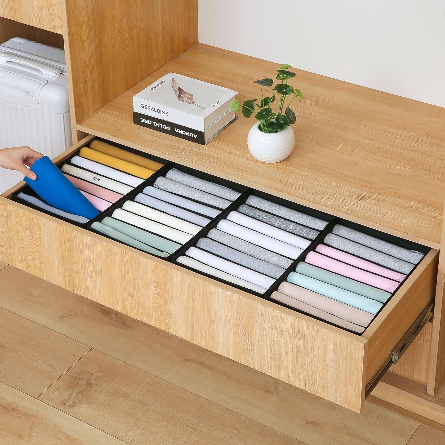 Qozary 4 Pack Drawer Organizers for Clothing, 8 Grids Foldable Closet Organizers and Storage Bins for Bedroom, Dresser Organizer Boxes for Thin T-shirts, Tank Tops (Black, Upgrade Height)