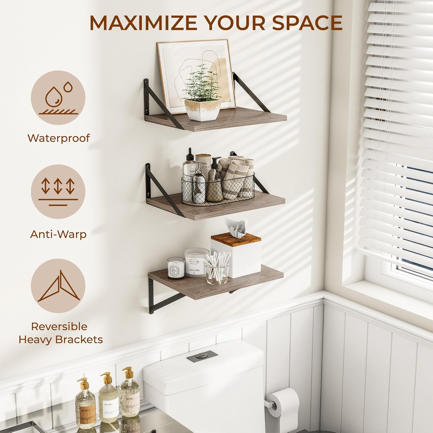 Heimlove Deep Floating Shelves for Wall, 12 Inch Deep Floating Shelves Set of 3, 16W x 12D Wood Wall Shelves, Wide Wood Shelves with Metal Bracket for Living Room, Kitchen, Office, Bedroom - Grey