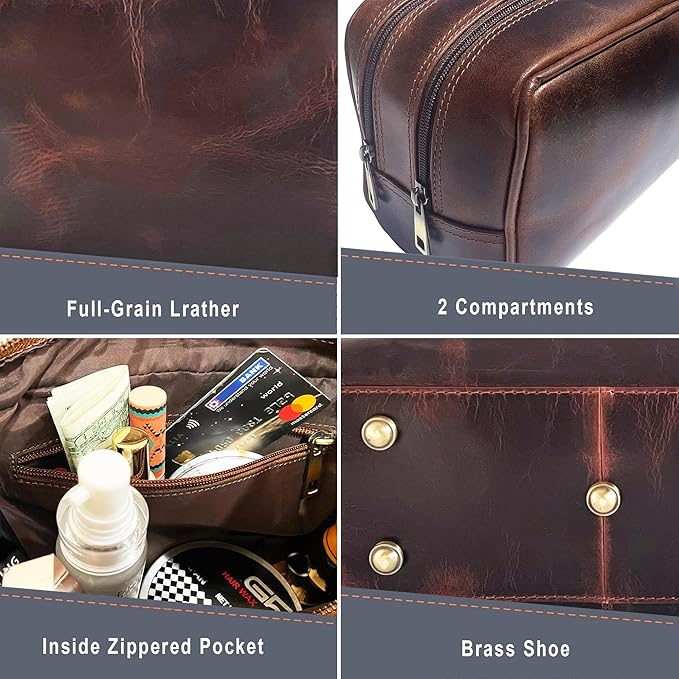 RUSTIC TOWN Leather Toiletry Bag for Men - Travel Shaving Dopp Kit - Bathroom Shower Toiletries Organizer - Leather Cosmetic Bag for Women (Walnut Brown)