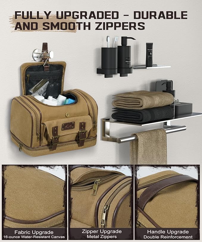 ARCFOX Travel Hanging Toiletry Bag for Men, Vintage Canvas Large Toiletry Bag with 7 Compartments, Camping Gym Travel Toiletry Kit Organizer with PVC Wet & Dry Pockets, Personalized Wash Bag, Brown