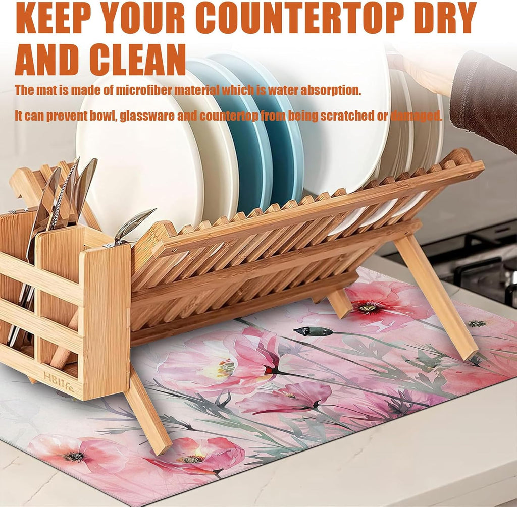 Pink Poppy Flower Dish Drying Mat for Kitchen Counter Microfiber Absorbent Dish Kitchen Drying Mat Draining Reusable Washable for Dishes/Utensils/Counterto