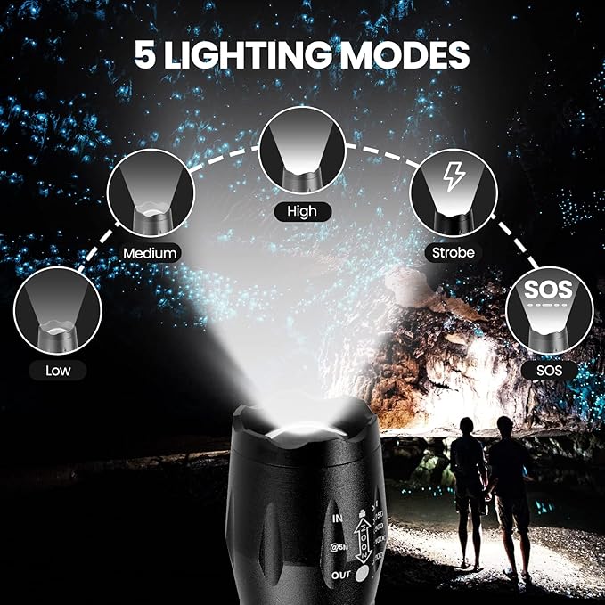 BINWO 2pack Small Zoomable Water-Resistant Tactical LED Flashlights 3000 Lumens -with 5 Modes for Camping/Biking/Hiking/Outdoor/Home/Emergency