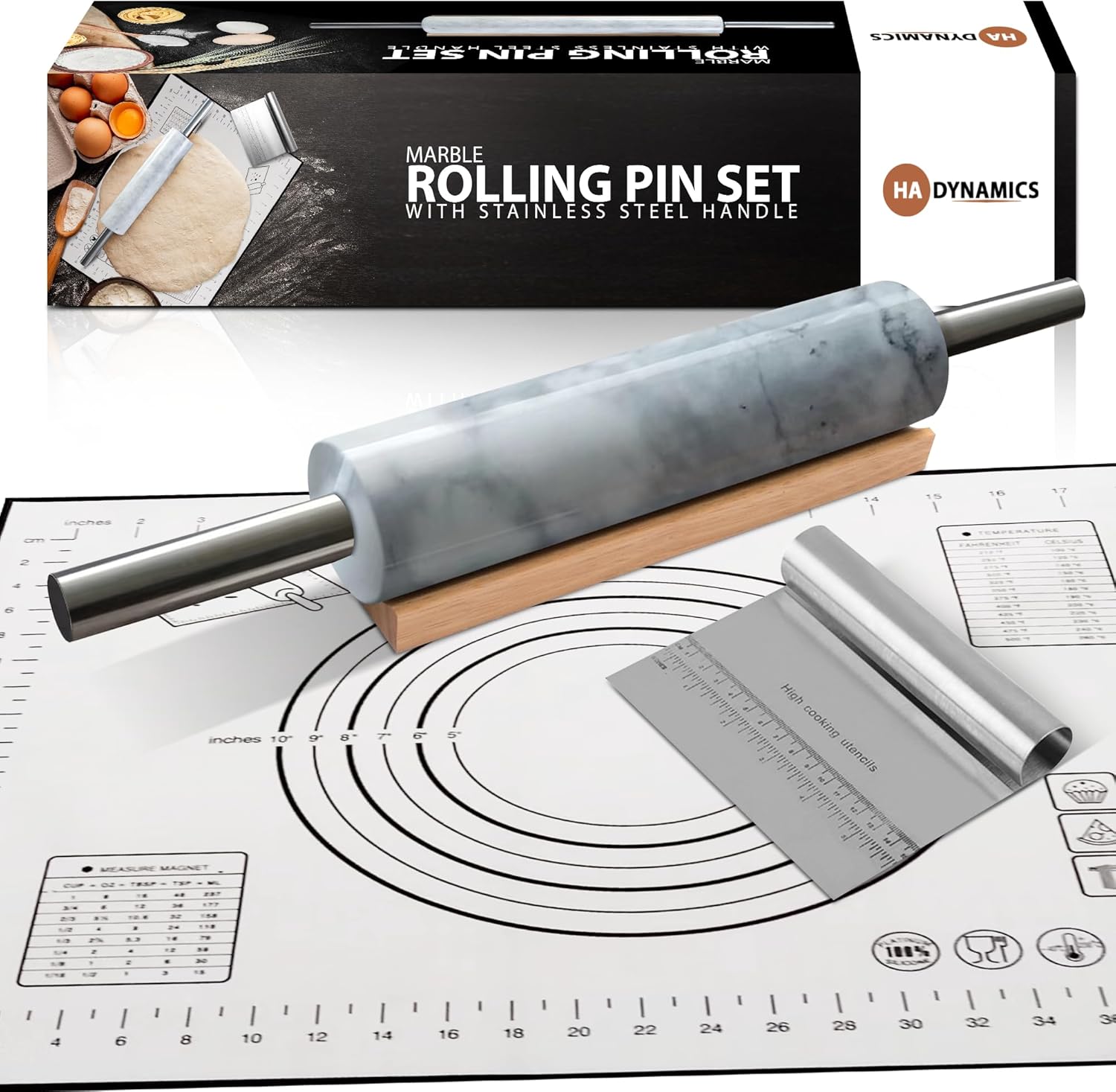 Professional Marble Rolling Pin for Dough - Solid Precise Pizza Dough Roller Marble Rolling Pin for Baking including Silicone Baking Mat, Steel Dough Scraper, Wooden Cradle - Gift for Bakers