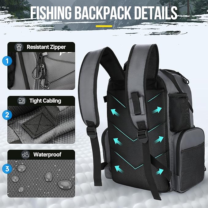 PLUSINNO Cooler Fishing Backpack with Rod Holders 45L Large Water-resistant Fishing Tackle bag Store Fishing Gear Fishing Gifts for Men Father