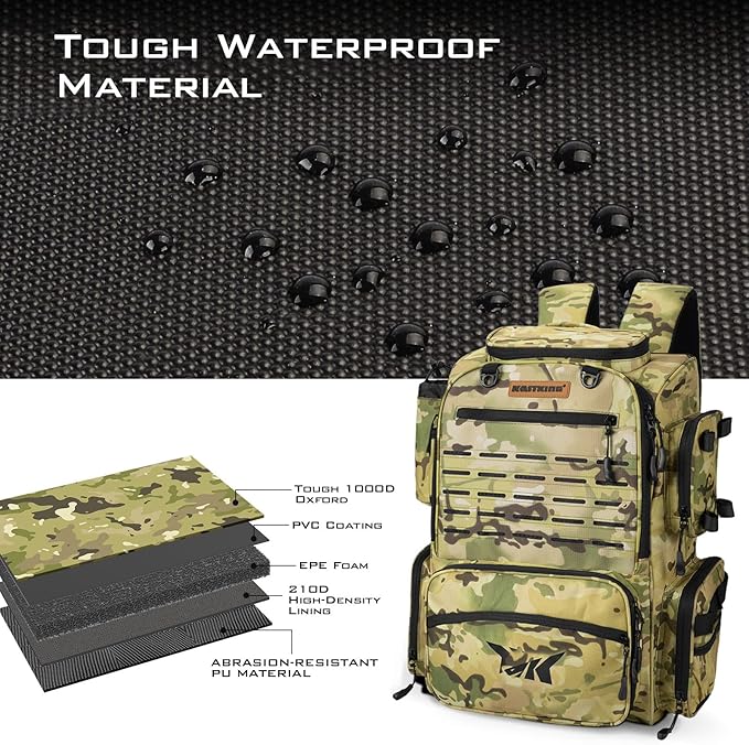 KastKing Bait Boss Fishing Tackle Backpack with Rod Holders-4 Tackle Boxes-Rain Cover,43L Large Storage for Fishing Gear