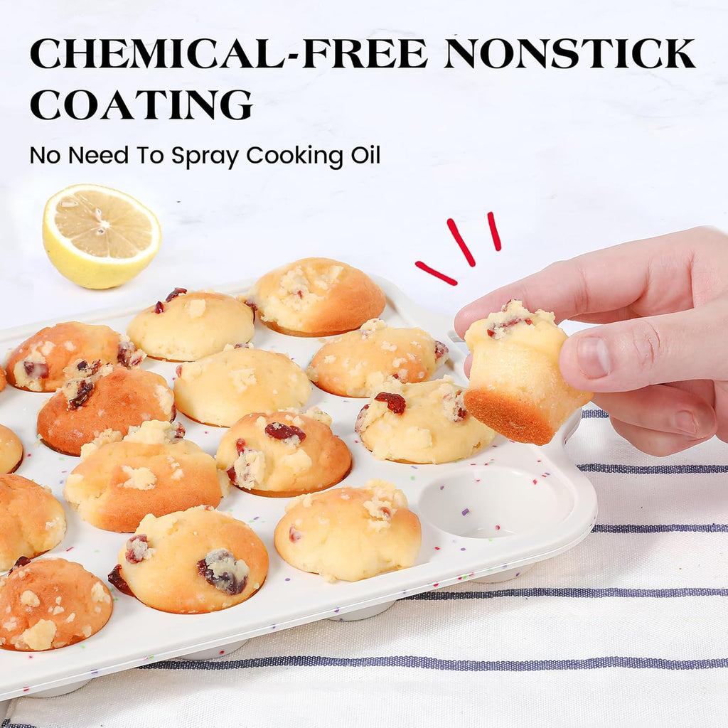 1 Pc Silicone Mini Muffin Pan With Metal Frame, 24 Cups Nonstick Cupcake Tray for Baking, Small Muffin Molds with Handles (Cream)