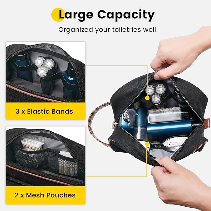 Vorspack Travel Toiletry Bag - Canvas Toiletry Bag for Men Water Resistant Skincare Bag Dopp Kit for Bathroom Toiletries Accessories Gifts - Black