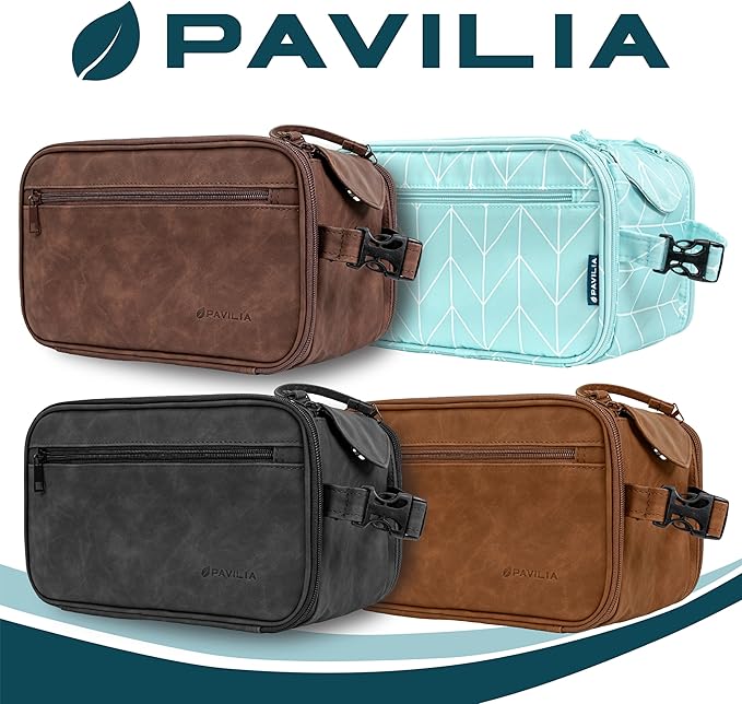 PAVILIA Large Toiletry Bag for Men Women, Mens Travel Bag Toiletries Organizer Case for Grooming, Travel Essentials Shaving Dopp Kit, PU Leather Water Resistant Cosmetic Pouch, Dark Brown
