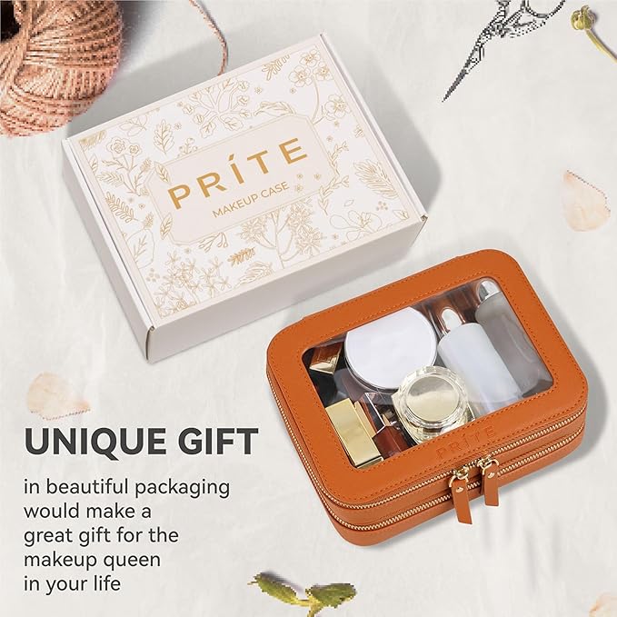Prite Large Clear Makeup Bag Double Layer Makeup Bag for Women Travel Toiletry Bag Cosmetic Train Case with a Separate Brush Compartment for Car Essentials(Brown)