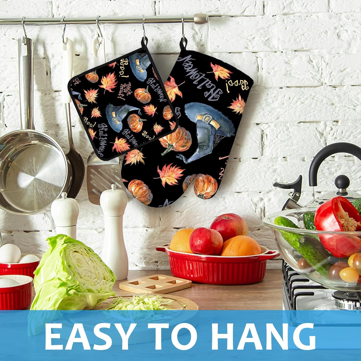 Halloween Pumpkin Autumn Maple Leave Oven Mitts and Pot Holders Sets Heat Resistant 4Pcs Potholders Oven Gloves Hot Pads for Kitchen Baking Cooking Grilling BBQ