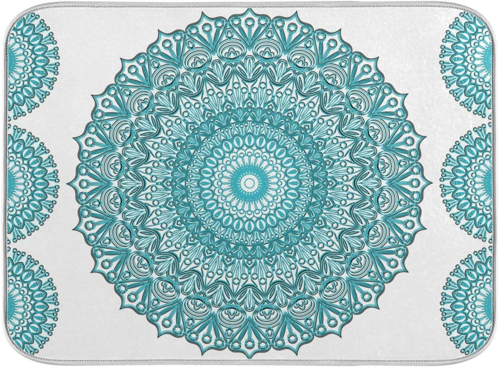 Super Absorbent Dish Drying Mat, Microfiber Fast-Drying Dish Mat, 24" x 18", Kitchen Dish Drying Pad, Boho Ethnic Turquoise Mandala