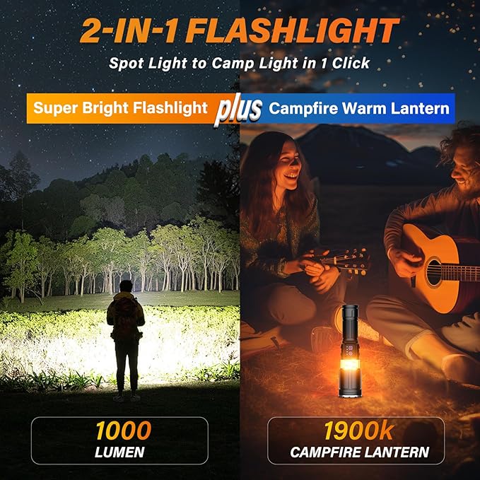 Flashlights 1000 High Lumens with Camping Lanterns, Rechargeable Flashlight for Camping Essentials, Super Bright FlashLights, 8 Modes, Survival Kits for Outdoor Home Emergency Power Outages Hiking
