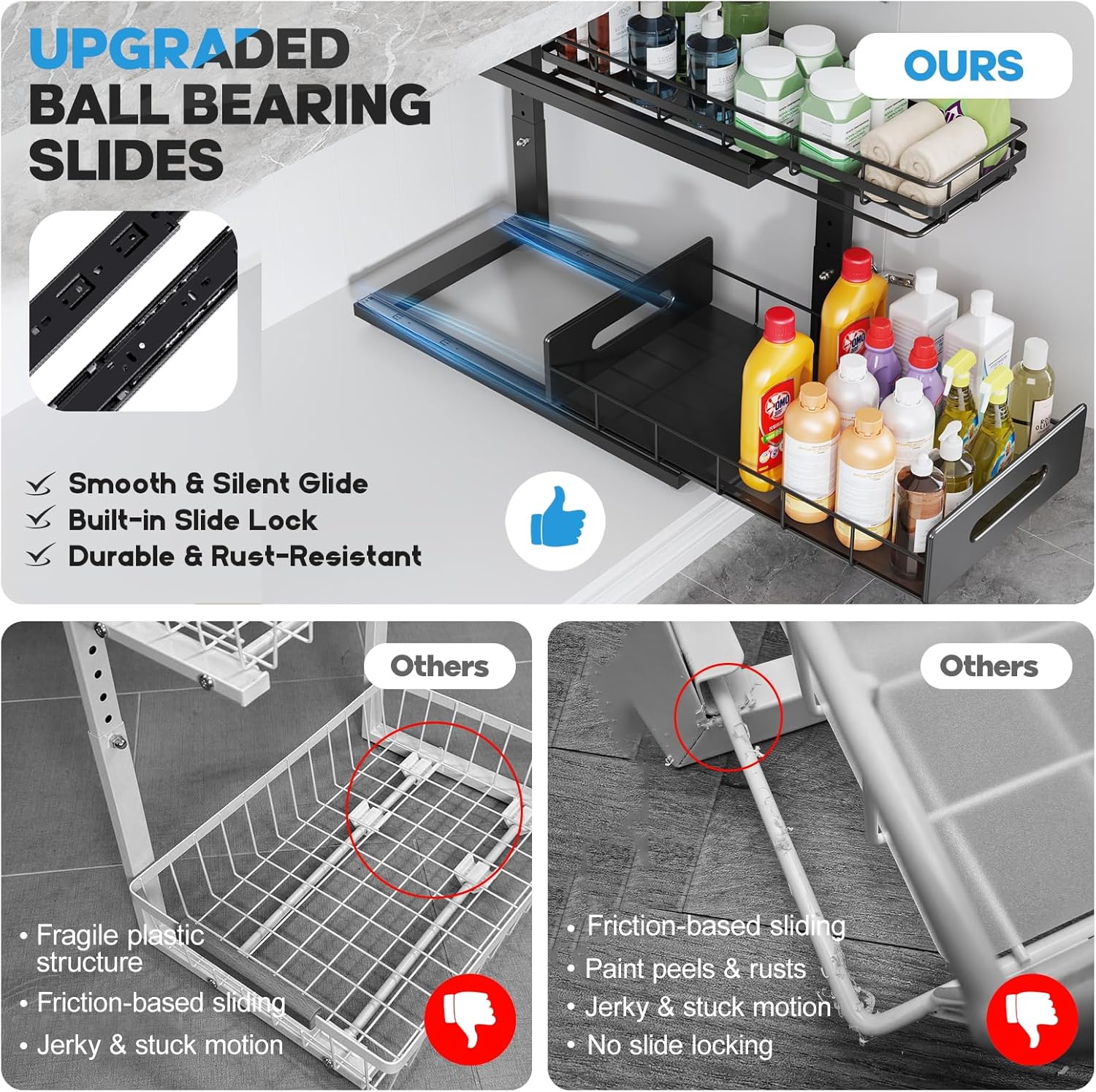 2 Pack 18 IN Depth Under Sink Organizer with Smooth Ball Bearing Slides,2-Tier Pull Out Cabinet Storage,Slide Out Drawers for Bathroom&Kitchen,Rust-resistant Coating,Height Adjustable-Black