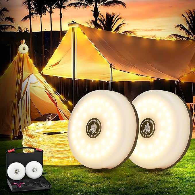 2 Pieces Camping String Lights - Outdoor String Lights with 8 Modes, Type-C Fast Charging, Durable & Waterproof for Camping, Party, and Christmas, with Storage Case (32.8ft-2pcs)