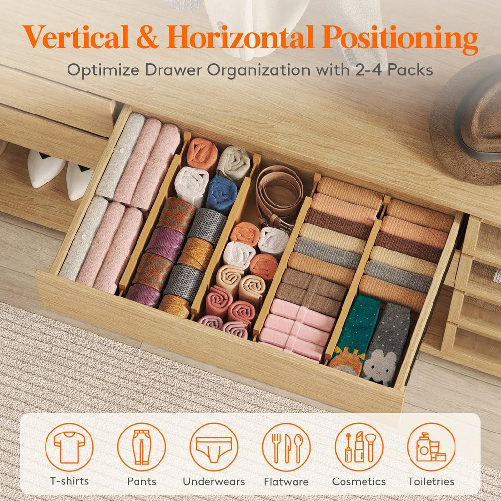 Lifewit 16-22" L x 4" H Drawer Dividers Bamboo 5 Pack, Adjustable Drawer Organizers for Clothes, Expandable Dresser Separators in Bedroom/Bathroom/Kitchen/Fridge/Office Organization and Storage