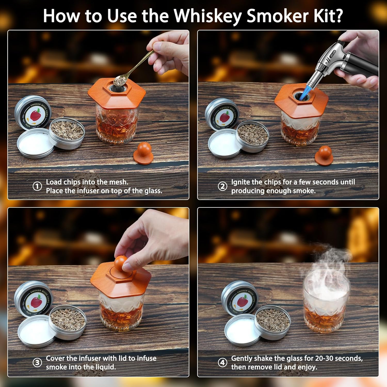 Whiskey Smoker Kit with Torch - Cocktail Smoker Infuser Kit, Old Fashioned Drink Smoker Kit, Anniversary and Birthday Bourbon Whiskey Gifts for Men, Dad, Husband, Boyfriend (No Butane)