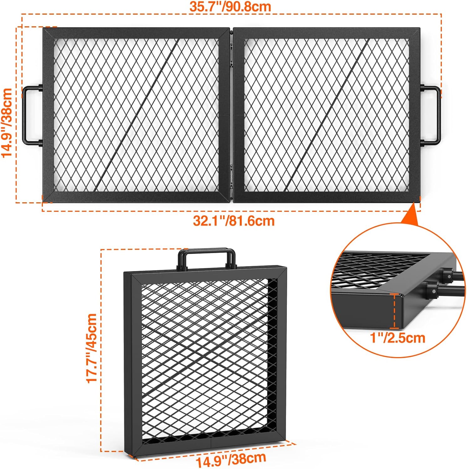 Onlyfire Foldable X-Marks Fire Pit Cooking Grate, Portable Rectangle Campfire Grill Grate with Handles, Heavy Duty Steel Campfire BBQ Grill for Outdoor, 32 inch
