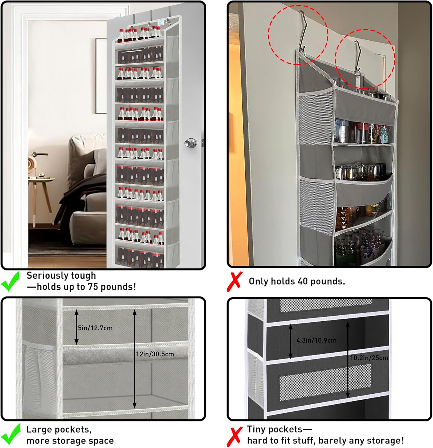over the door organizer, Solid Bamboo Board (Not Plastic!) 6-Tier Heavy Duty 75LB, 12 Side Pockets, 3 Reinforced Hooks & Anti-Slip Pads, Waterproof & Washable, No Sagging, No Door Damage,Grey