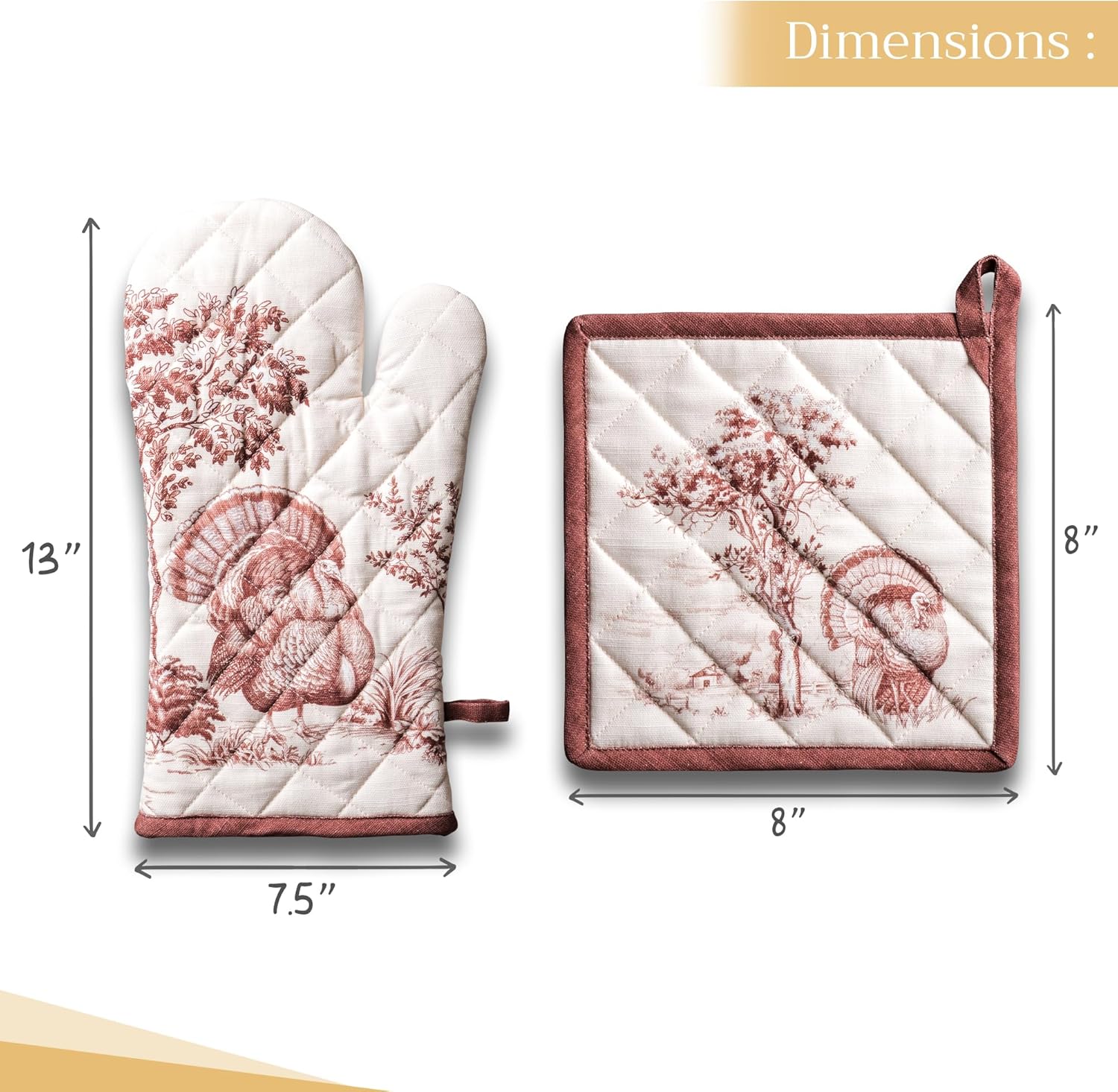 Maison d' Hermine 100% Cotton Oven Mitt & Pot Holder Set (7.5"x13" & 8"x8") Heat Resistant BBQ Cooking Gloves with Loop, Baking, Grilling, Kitchen, Handling Hot Pans (Holy Jouy - Brown)