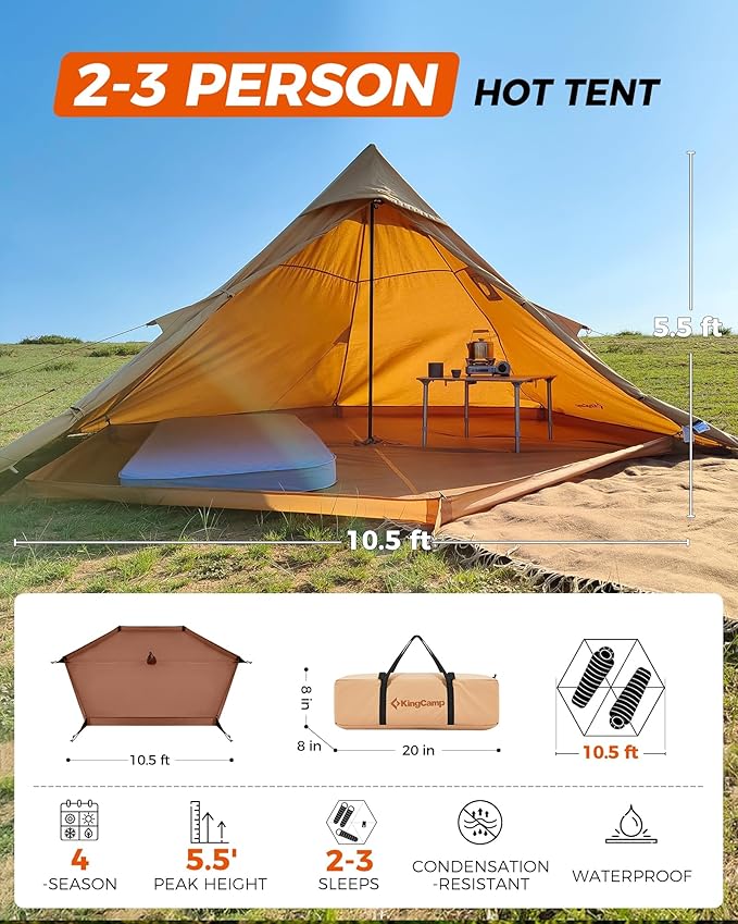 KingCamp Hot Tent, Lightweight Waterproof & Windproof Tipi Hot Tents with Stove Jack for Outdoor Camping