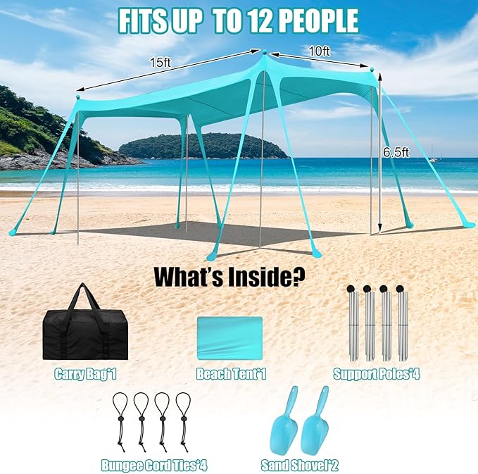 Beach Tent Sun Shelter UPF 50+ Beach Shade Canopy Pop up Tent Portable Cabana Outdoor with Aluminum Poles Sandbags Sand Shovel for Camping Fishing Trip Picnic Party