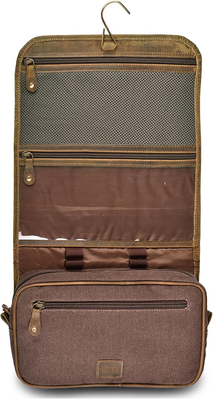 LEATHER VILLAGE Hanging Toiletry Bag for Men & Women, Handcrafted Vintage Cosmetic & Shaving Organizer Travel Dopp Kit- Mud