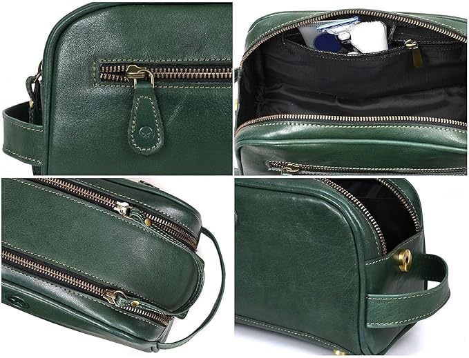 10" Premium Leather Toiletry Travel Pouch With Waterproof Lining | King-Size Handcrafted Vintage Dopp - Kit ~ Gift for Father's Day By Aaron Leather Goods (Basil Green)