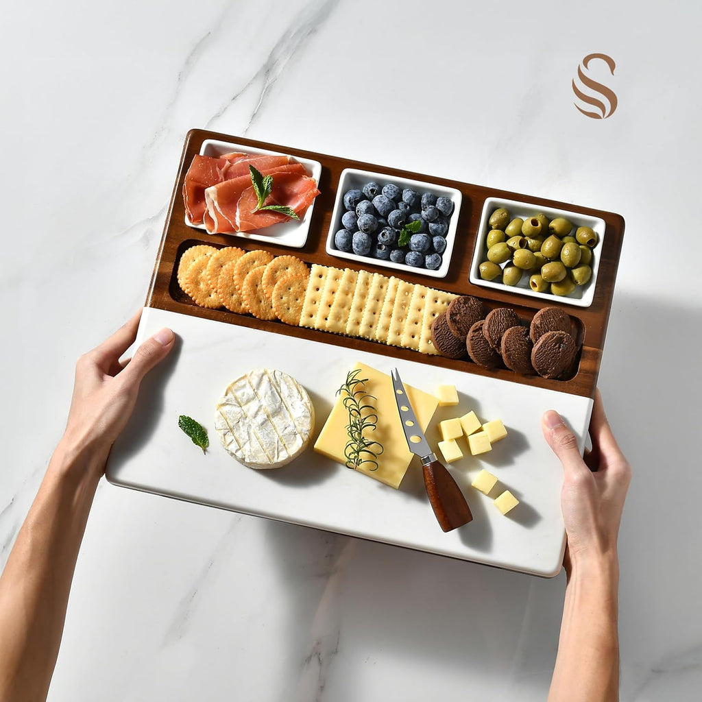 Shanik Wood - Marble Cheese Board Set with 3 Ceramic Bowls - Stainless Steel Cutlery Set, Charcuterie Board Set & Gift for Any Occasion (Without Engraving)
