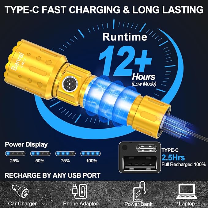 Flashlights High Lumens Rechargeable, 20000 Lumens Super Bright 1500 Meters Long Range Small Powerful Flashlight, 6 Modes LED Tactical Pocket Waterproof Flash Light for Home Emergency (1, Yellow Gold)