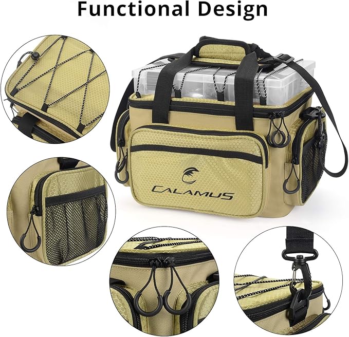 Calamus Fishing Tackle Bags - Fishing Bags for Saltwater or Freshwater Fishing - Rip-Stop PE - Padded Shoulder Strap - Pliers Storage -Khaki