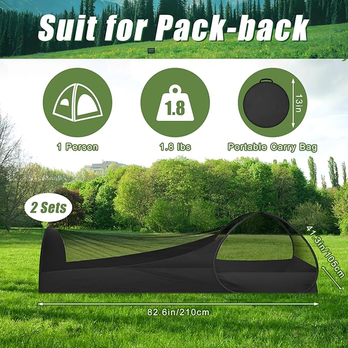 2 Pack 82.6 Inch Single Person Pop up Tent, 1 Person Foldable Mosquito Net Tent with Storage Bag for Outdoor Trips Camping