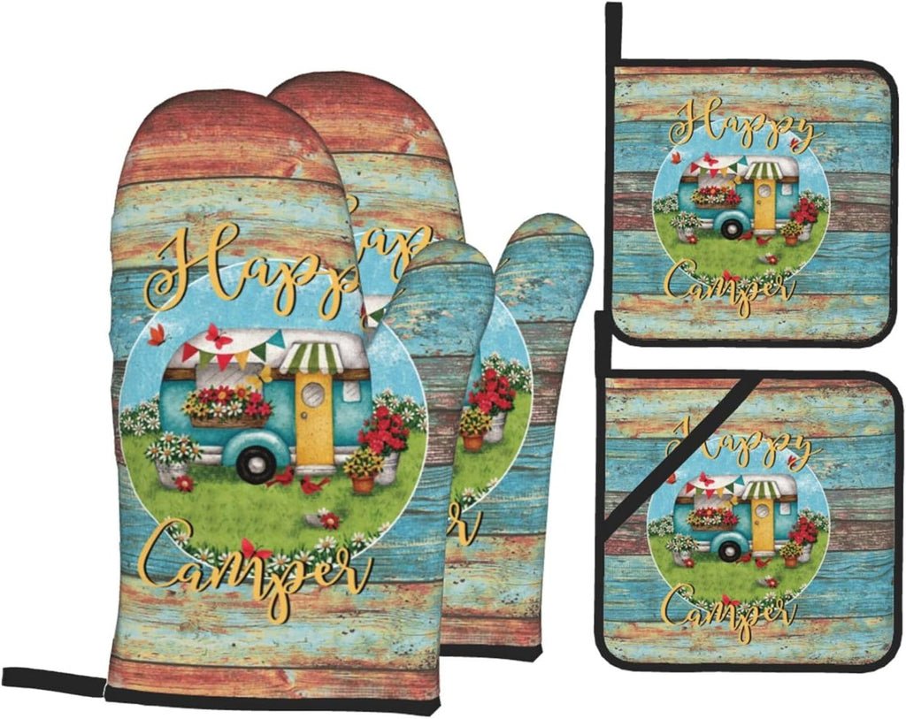 Happy Camper Oven Mitts and Pot Holders Sets of 4,Resistant Hot Pads with Polyester Non-Slip BBQ Gloves for Kitchen,Cooking,Baking,Grilling