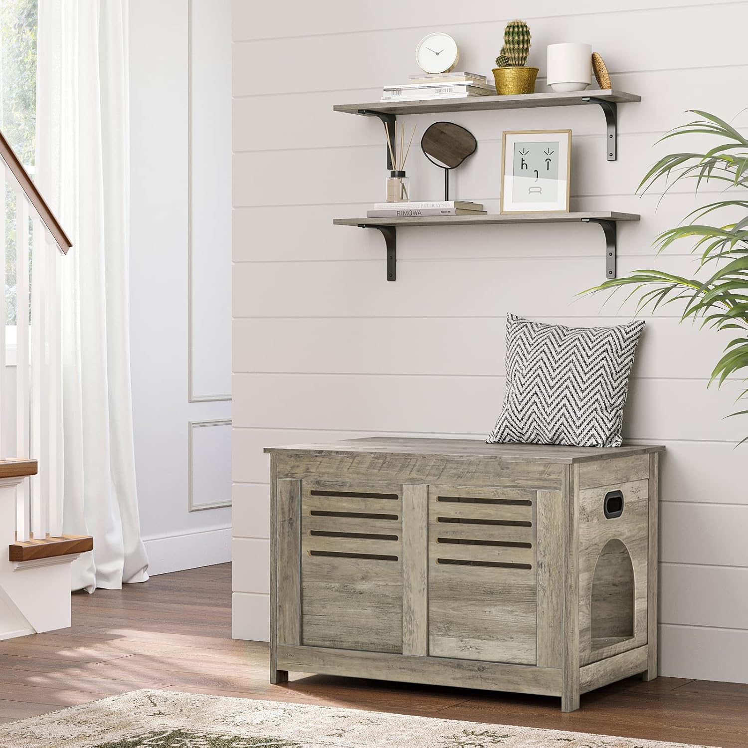 DINZI LVJ Long Wall Shelves, 31.5 Inch Wall Mounted Shelves Set of 2, Easy-to-Install, Wall Storage Ledges with Sturdy Metal Brackets for Living Room, Bathroom, Bedroom, Kitchen, Gray Wash