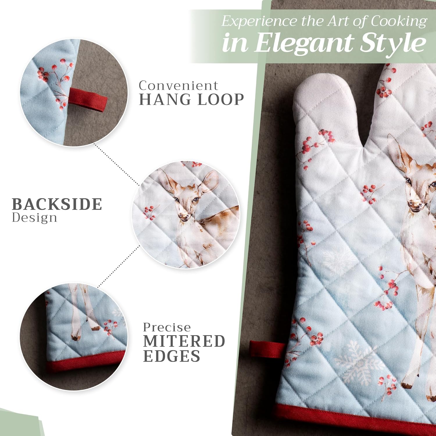 Maison d' Hermine 100% Cotton Oven Mitt & Pot Holder Set (7.5"x13" & 8"x8") Heat Resistant BBQ Cooking Gloves with Loop, Baking, Grilling, Kitchen, Handling Hot Pans (Fairytale Forest)