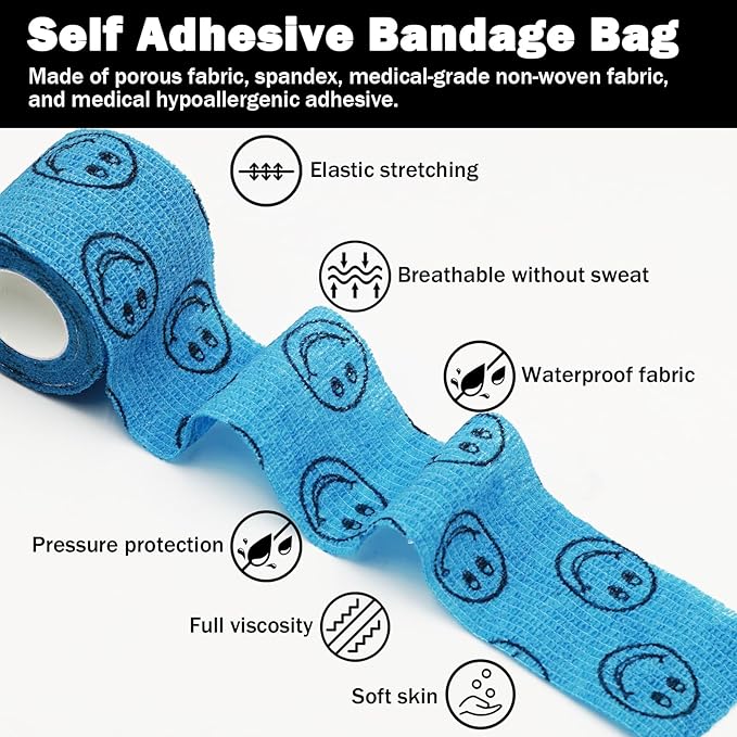 Cohesive Bandage First Aid Tape - Self Adherent Wrap Adhesive Bandages - Colorful Bandages (Blue Smile, 2-Inch)