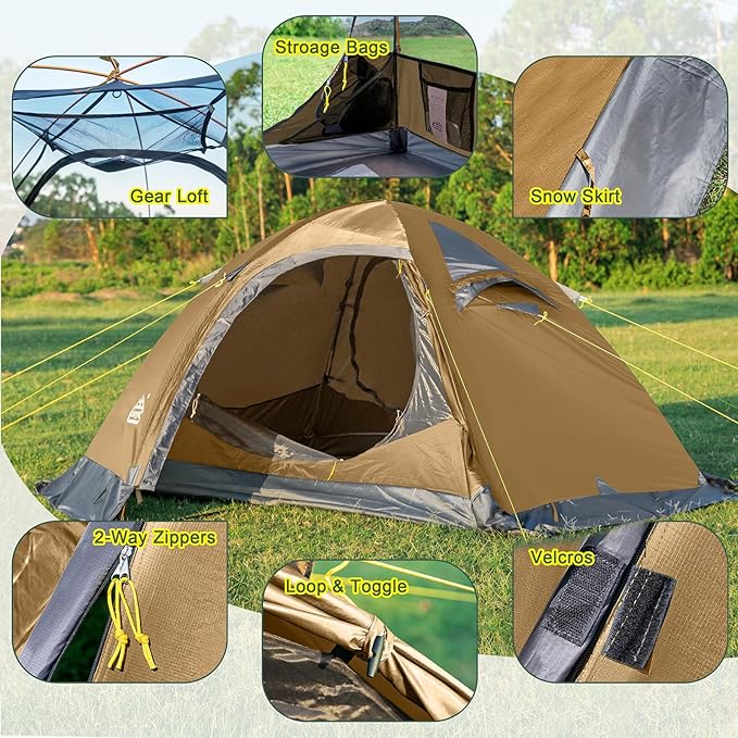 2 Person Backpacking Tent, Waterproof 4 Season Tent, Windproof Cold Weather Winter Tent for Camping, Hiking, Hunting, Cycling