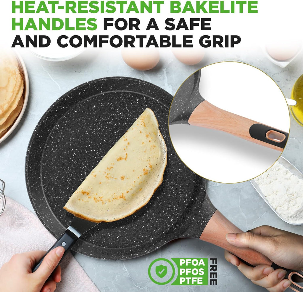 Nutrichef 2-Pack Non-Stick Crepe Pan Set, 9.4" Marble Coated Dosa Pans with Wooden Spreaders, Bakelite and Wood Handles, Induction-Compatible, Dishwasher Safe, Even Heat Distribution, Black Marble