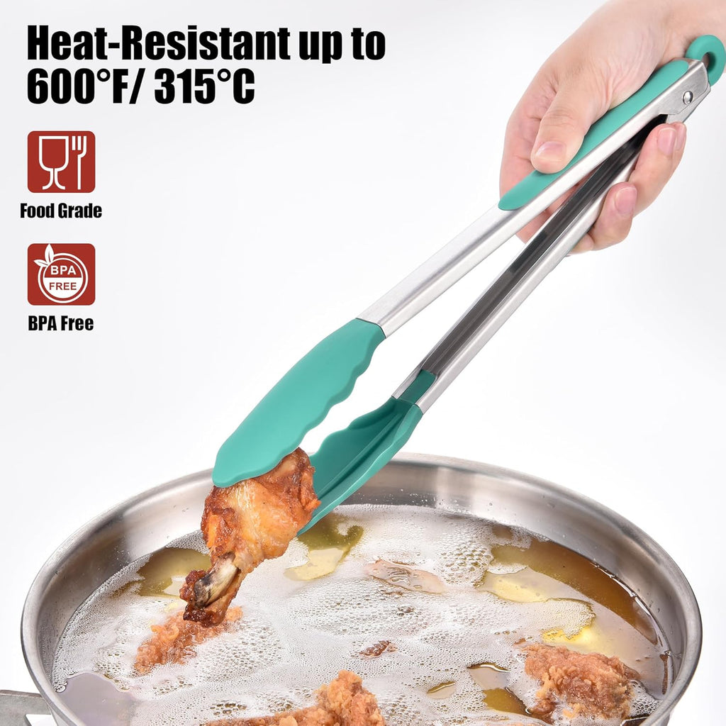 Doosu Kitchen Tongs for Cooking - 600°F Heat Resistant Food Tong Set with Non-Scratch Silicone Tips, Heavy Duty Stainless Steel Locking Tong for BBQ, Grilling Steak, Serving Salad (9+12in, Aqua Sky)