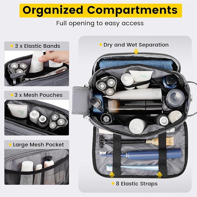 Vorspack Travel Toiletry Bag for Men - Large Mens Toiletry Travel Bag Water Resistant Dopp Kit Shaving Bag for Bathroom Toiletries Gifts - Grey